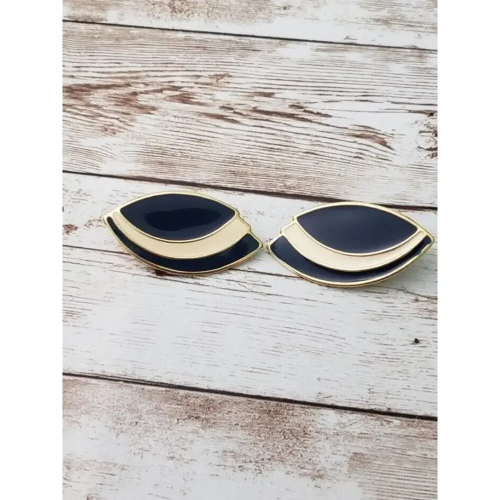 Vintage Clip On Earrings - Navy Blue, Gold Tone, Cream - Statement Earrings